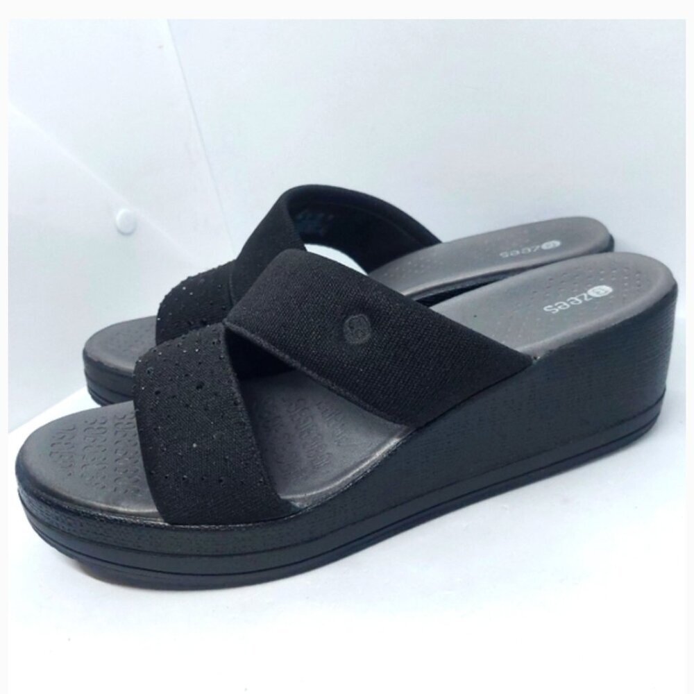 BZees SZ 9.5 Riviera Bright Black Slide Wedge Comfort Sandals Washable Air Step